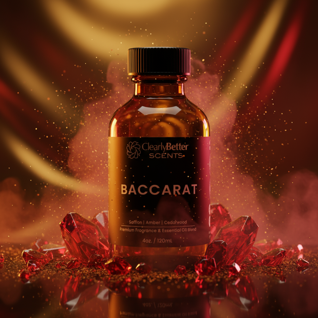 Baccarat perfume bottle with red gemstones and dramatic lighting