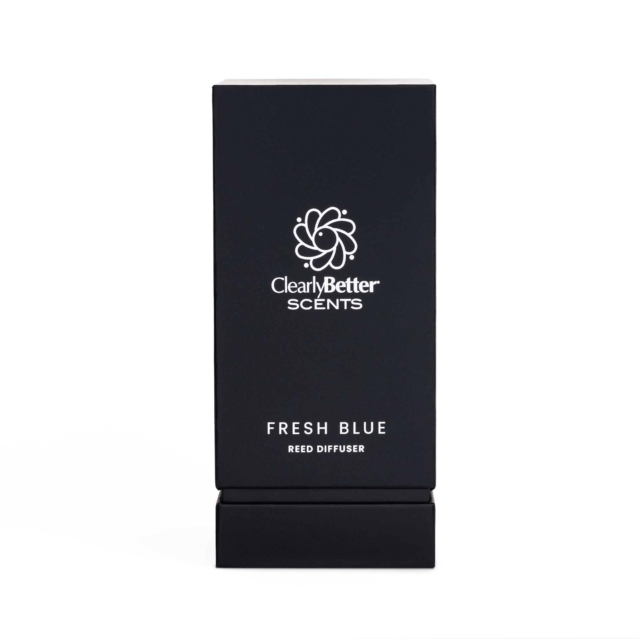 Black box of Clearly Better Scents Fresh Blue Reed Diffuser on a white background