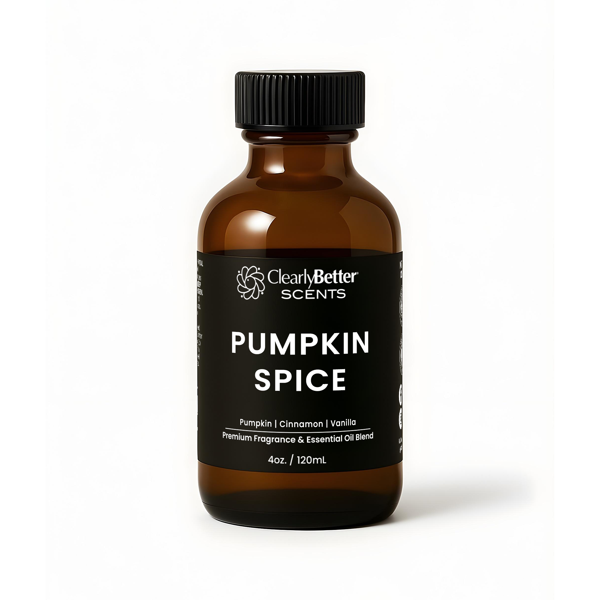 Bottle of Pumpkin Spice fragrance blend with a black label on a white background