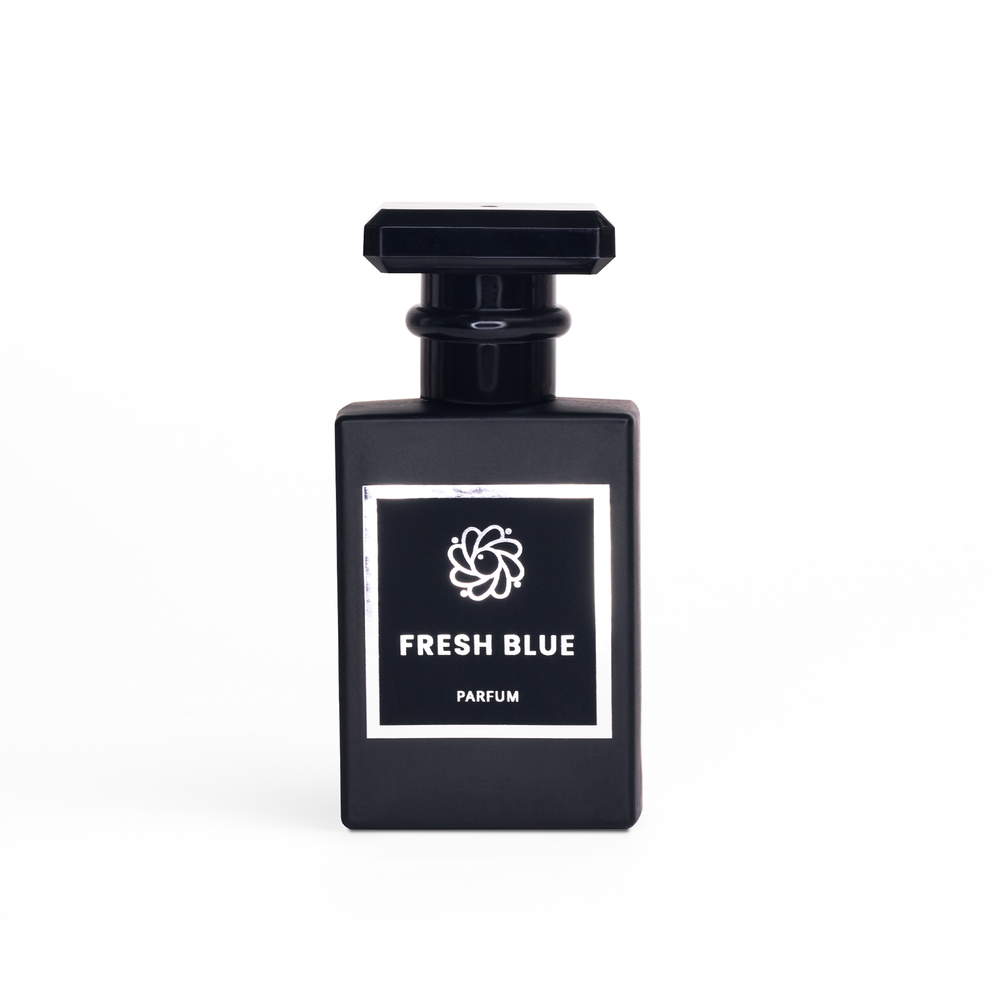 black perfume bottle with silver writing