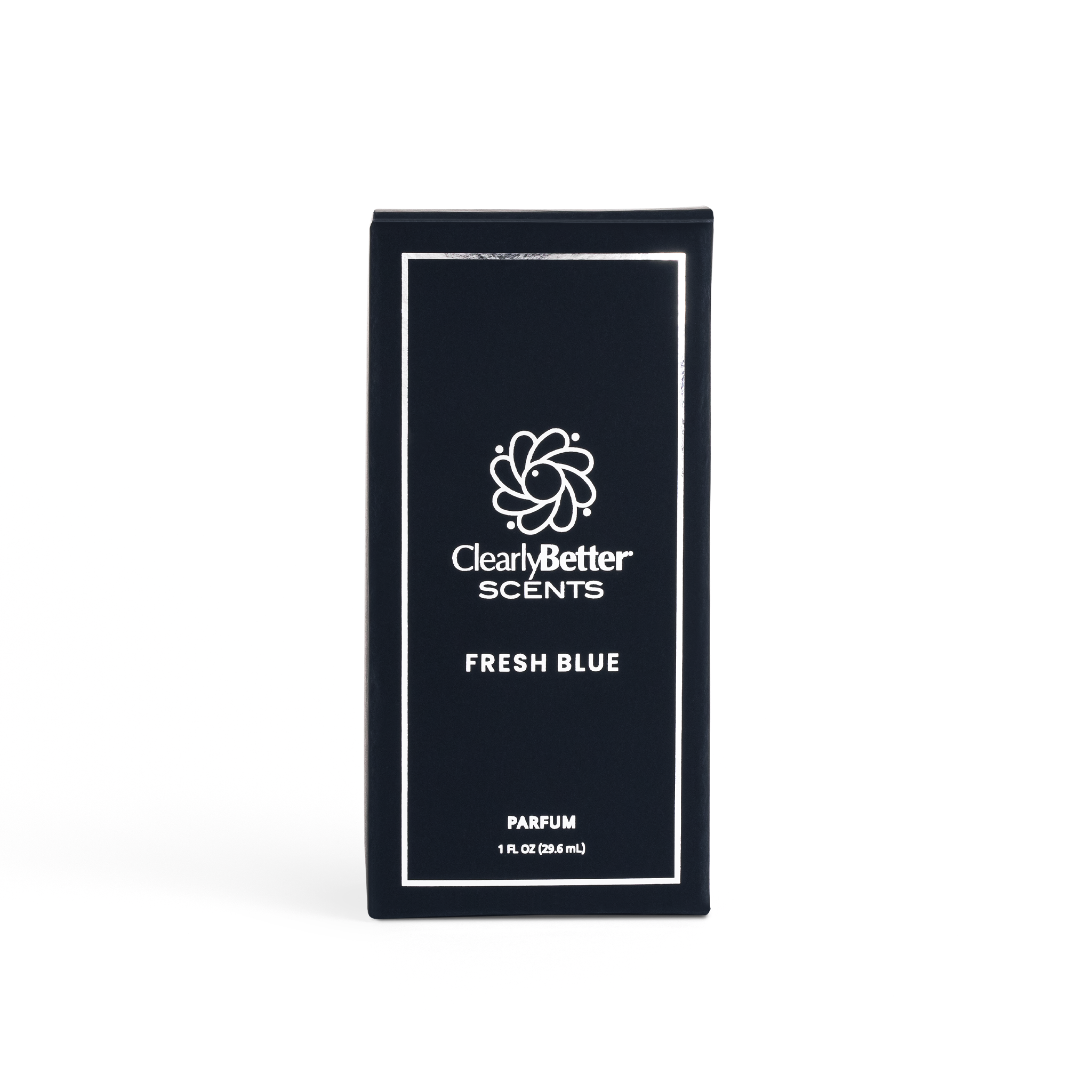 black perfume box with silver writing