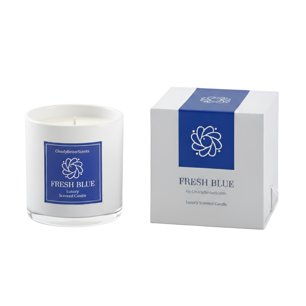 Candle labeled 'Fresh Blue' with its packaging on a white background