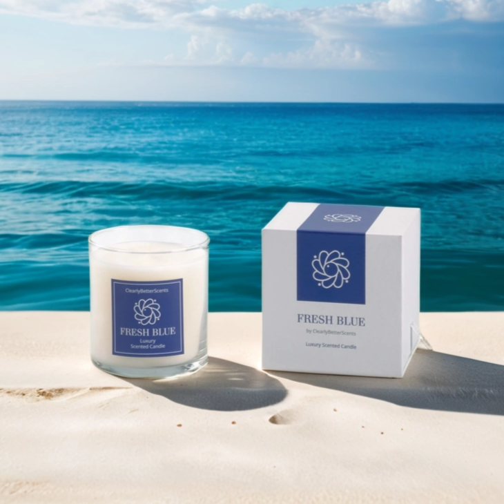 fresh blue candle next to ocean